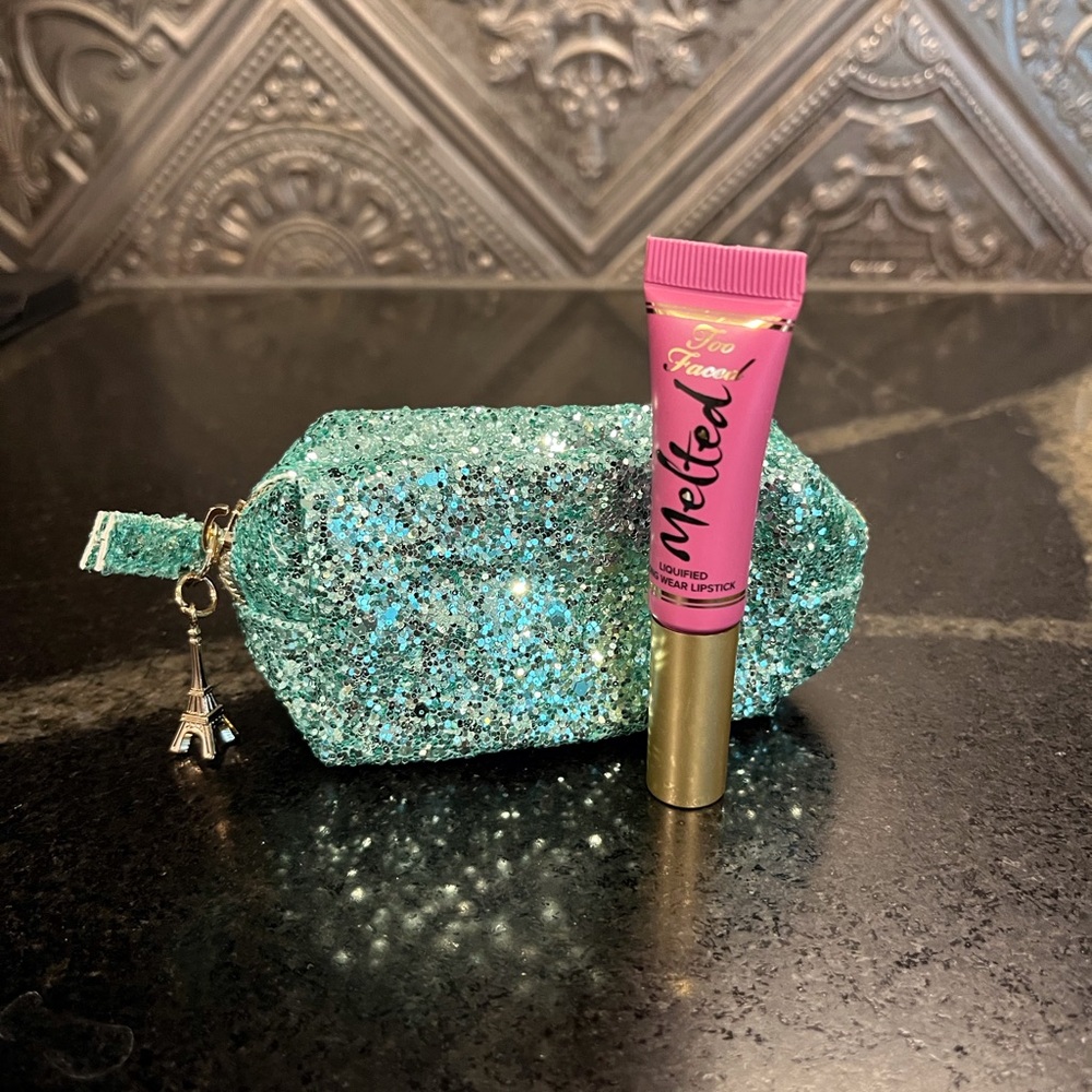 Too Faced Melted Liquid Lipstick - Fig - and sparkly purse bag